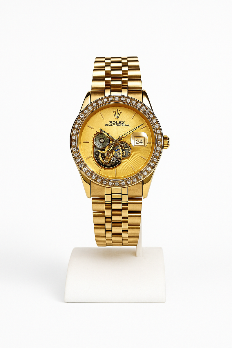 Royal Gold Skeleton Dial Watch – Diamond Bezel | Luxury Automatic Style