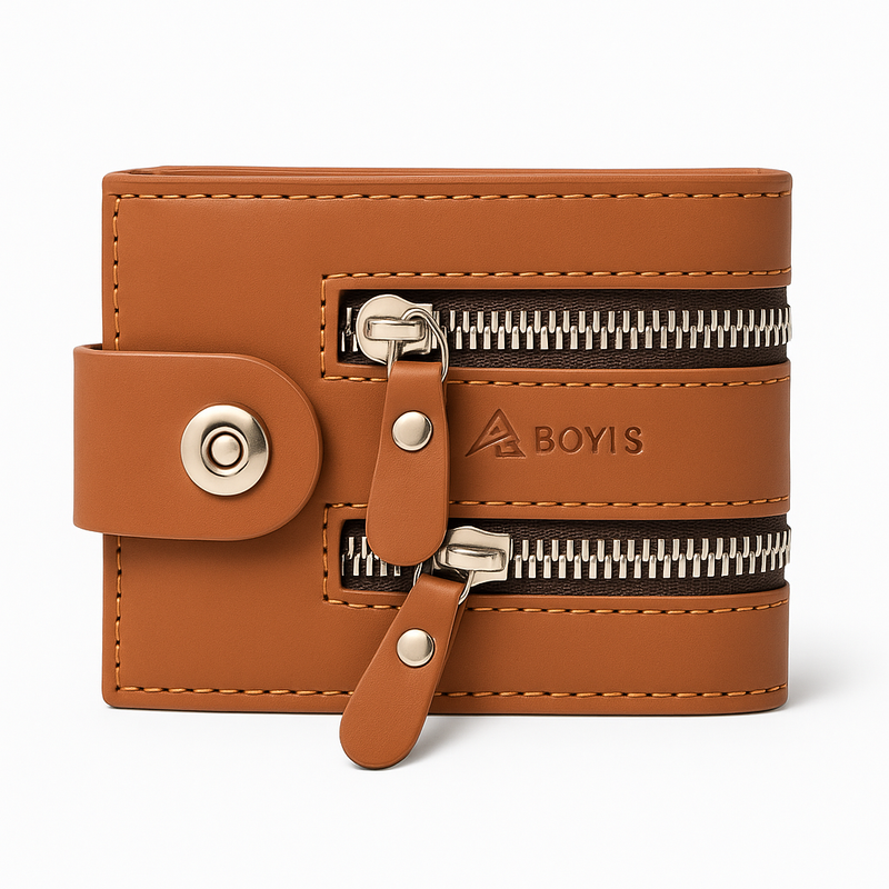 BOYIS Dual-Zip Leather Wallet – Compact & Secure with Snap Closure