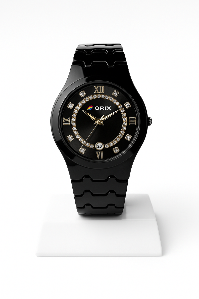 ORIX Black Crystal-Accent Watch – Roman Dial Luxury Edition