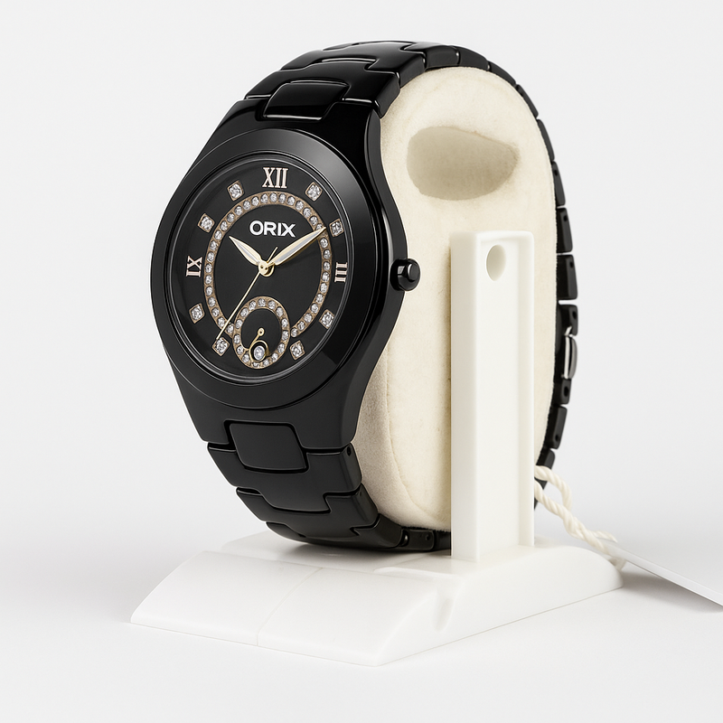 ORIX Black Crystal-Accent Watch – Roman Dial Luxury Edition