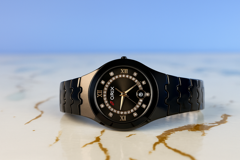 ORIX Black Crystal-Accent Watch – Roman Dial Luxury Edition