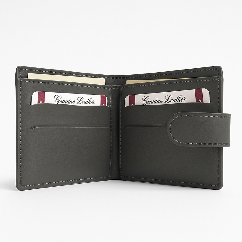 Genuine Leather Bifold Wallet – Slim & Secure with Snap Closure