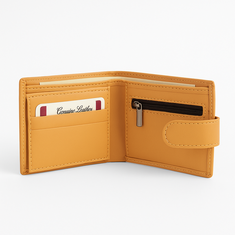 Men's Classic Pure Leather Wallet – Tan with Button Closure