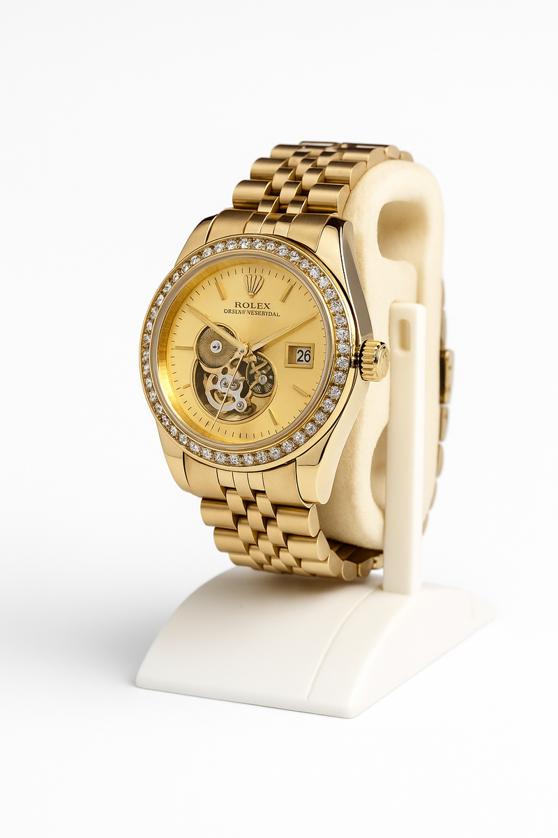 Royal Gold Skeleton Dial Watch – Diamond Bezel | Luxury Automatic Style