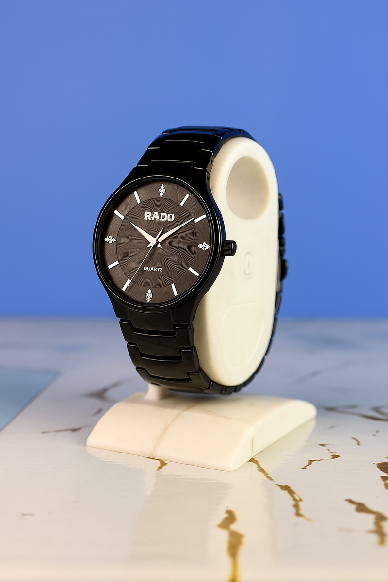 Rado-Inspired Black Ceramic Quartz Watch – Minimalist Luxury