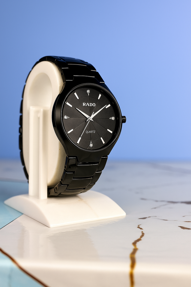 Rado-Inspired Black Ceramic Quartz Watch – Minimalist Luxury